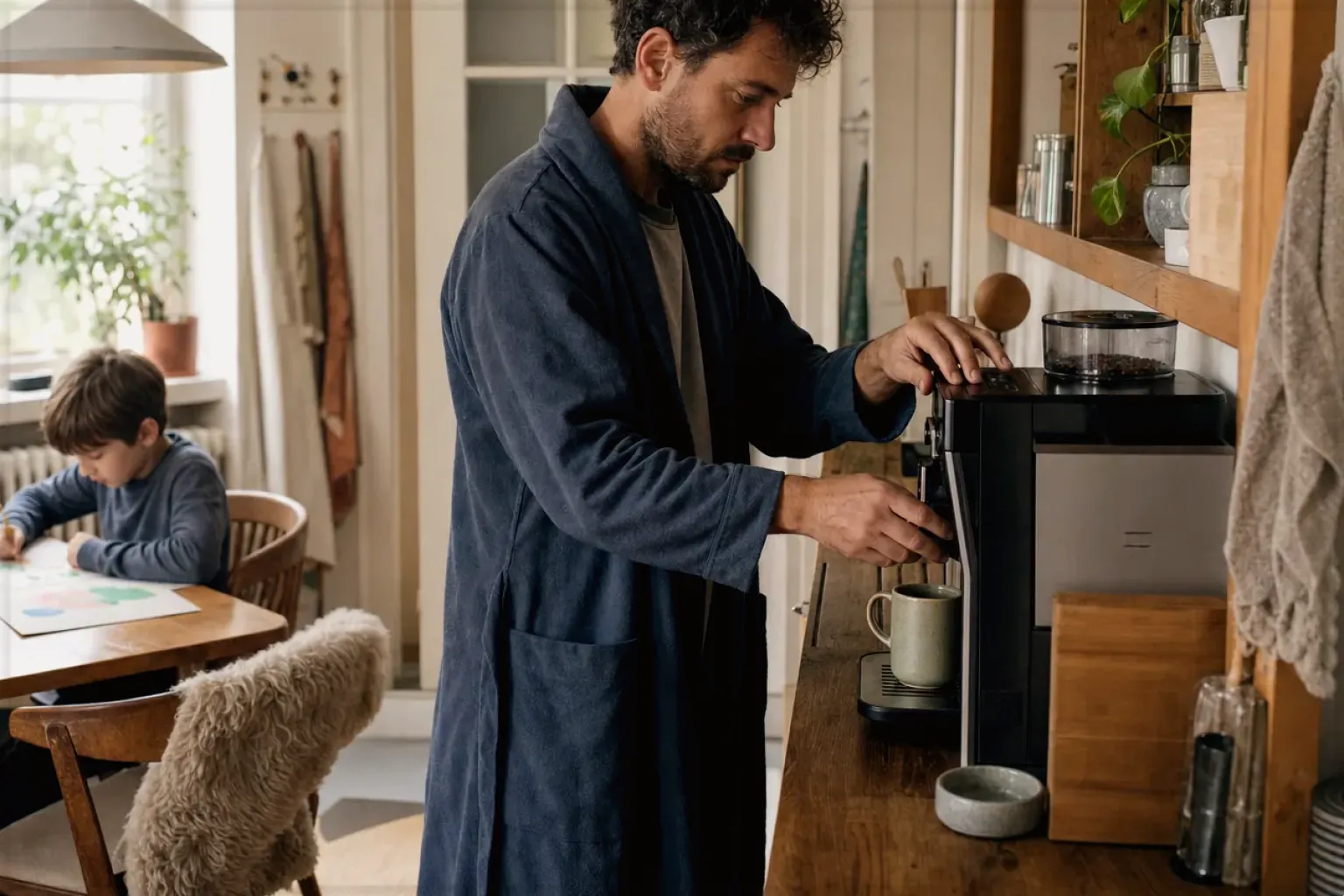 Ein Vater bereitet morgens Kaffee zu, während sein Kind am Küchentisch malt – gezeigt für Sage Barista Express Impress im Produktprofil.
