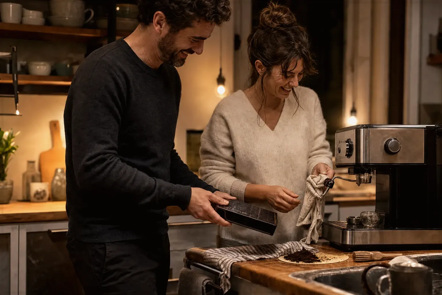 Ein Paar reinigt am Abend gemeinsam und gut gelaunt seine Espressomaschine in der Küche – gezeigt für Sage Barista Express Impress im Produktprofil.