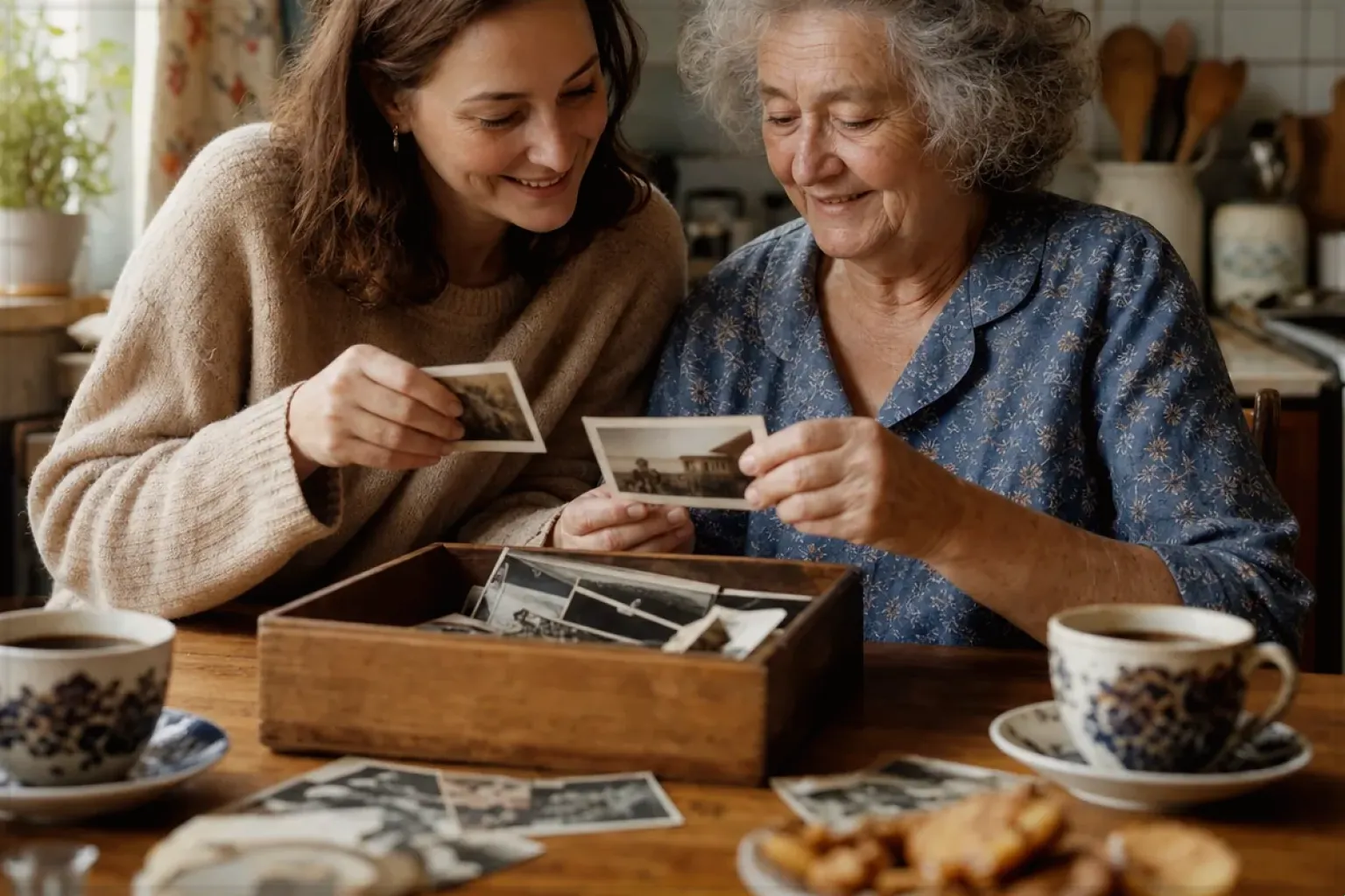 Eine ältere Frau und ihre erwachsene Enkelin betrachten bei Kaffee gemeinsam alte Familienfotos – gezeigt für Sage Barista Express Impress im Produktprofil.