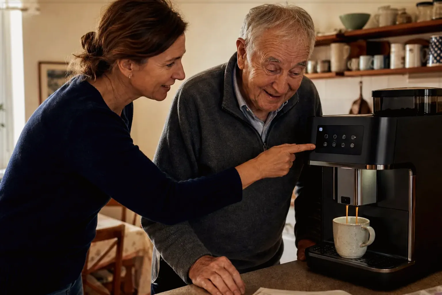 Eine erwachsene Tochter erklärt ihrem Vater verständlich die Bedienung eines Kaffeevollautomaten.