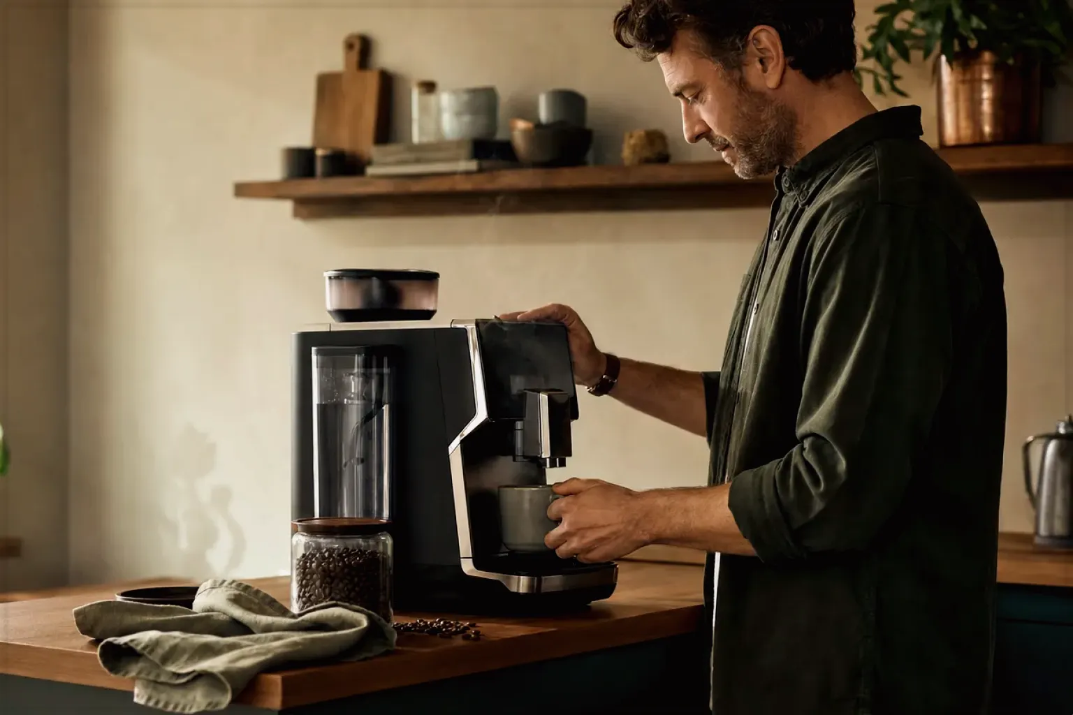 Ein Mann bereitet morgens Kaffee an einem Vollautomaten in seiner Küche zu – gezeigt für Siemens EQ6 plus s700 TE657503DE im Produktprofil.