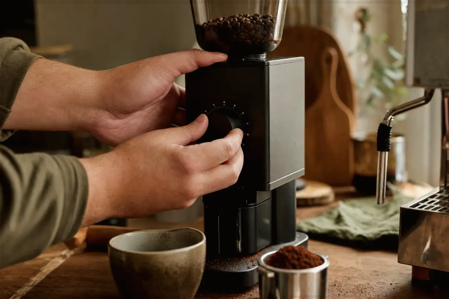 Zwei Hände stellen den Mahlgrad an einer Kaffeemühle neben einer Espressomaschine ein – gezeigt für Siemens EQ6 plus s700 TE657503DE im Produktprofil.