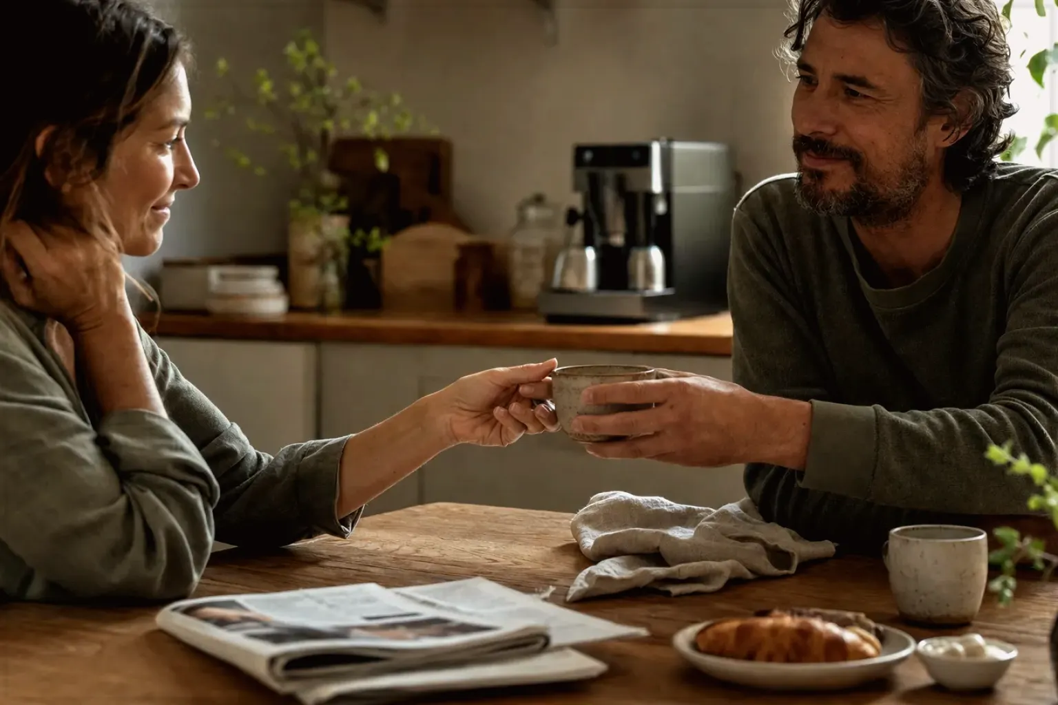 Zwei Menschen reichen sich am Küchentisch eine frisch zubereitete Tasse Kaffee – gezeigt für Siemens EQ6 plus s700 TE657503DE im Produktprofil.