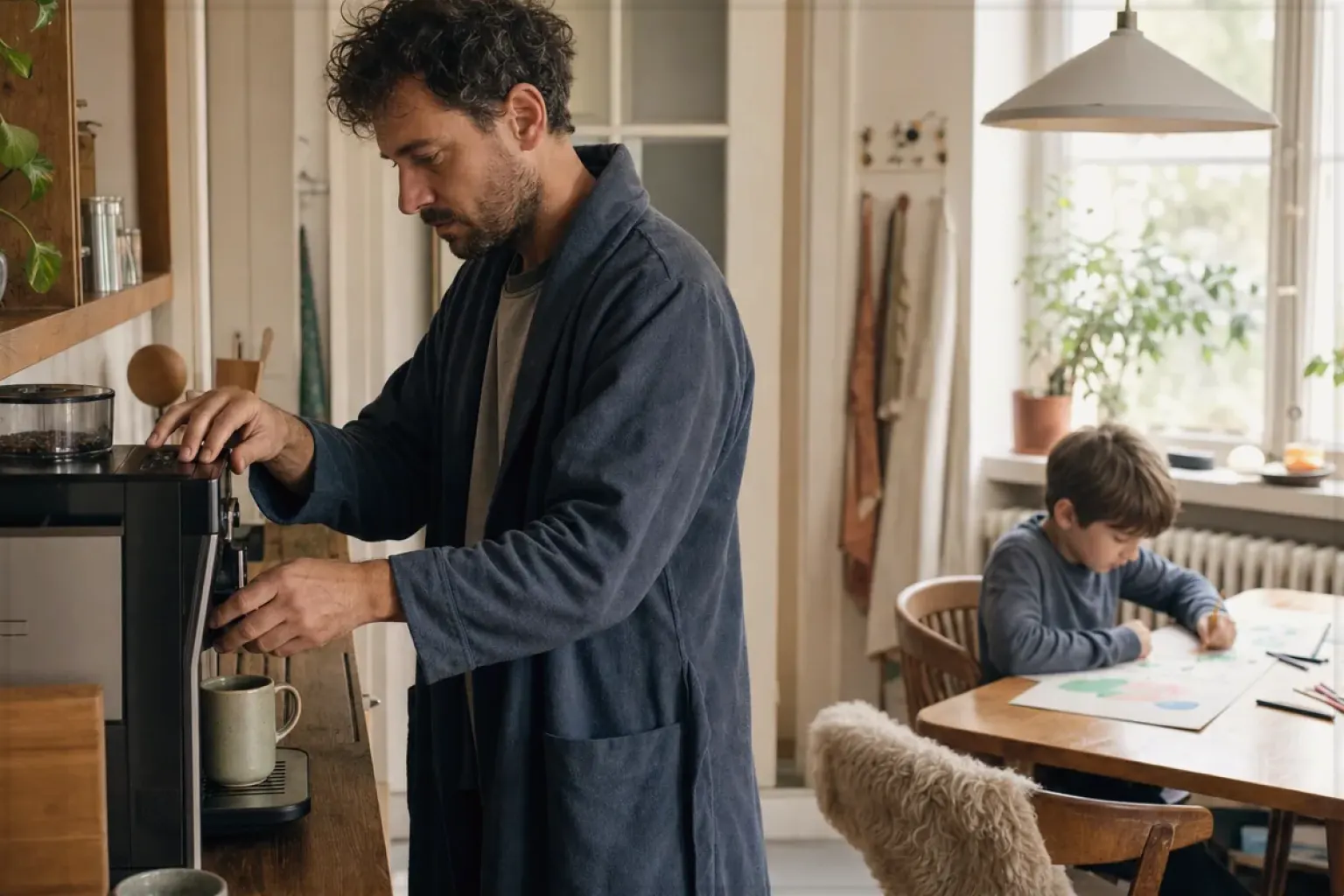 Ein Vater bereitet morgens Kaffee am Vollautomaten zu, während sein Kind am Küchentisch malt – gezeigt für Siemens EQ6 plus s700 TE657503DE im Produktprofil.