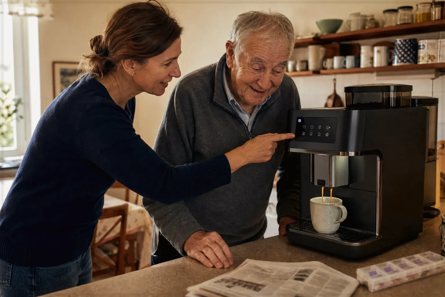 Eine erwachsene Tochter erklärt ihrem älteren Vater in seiner Küche einen Kaffeevollautomaten – gezeigt für Siemens EQ6 plus s700 TE657503DE im Produktprofil.