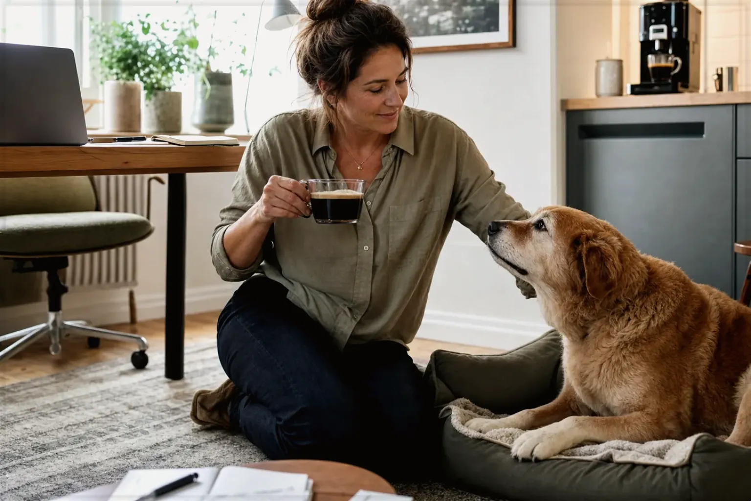 Eine Frau genießt im Homeoffice eine Kaffeepause bei ihrem älteren Hund – gezeigt für Siemens EQ6 plus s700 TE657503DE im Produktprofil.