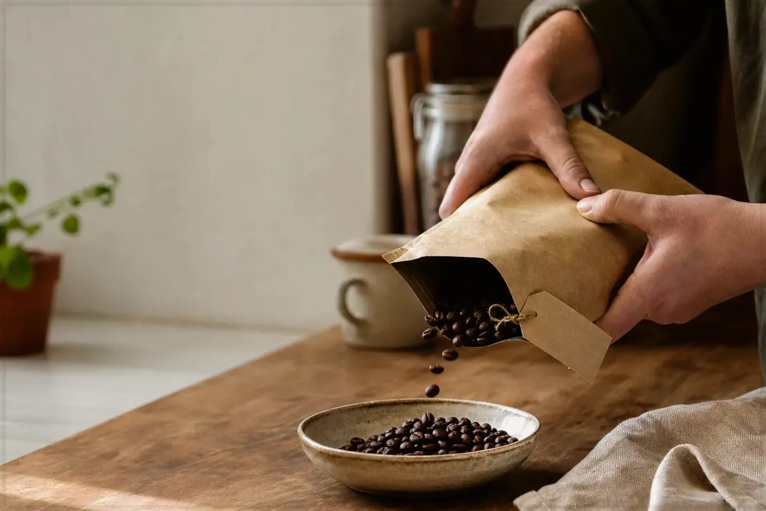 Hände füllen frisch geröstete Kaffeebohnen aus einer Papiertüte in eine Keramikschale – gezeigt für Siemens EQ6 plus s700 TE657503DE im Produktprofil.