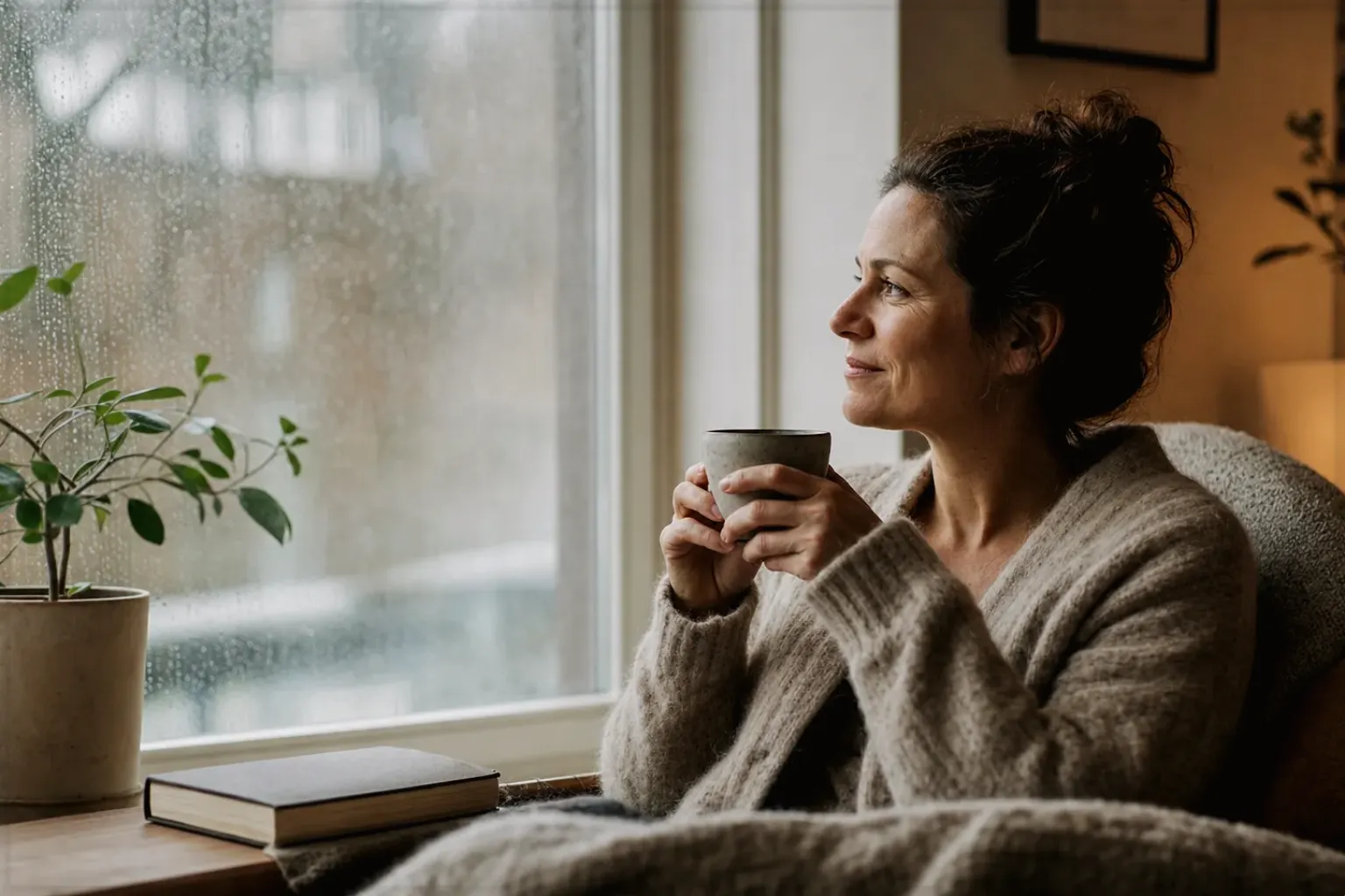 Eine Frau genießt an einem regnerischen Nachmittag ruhig eine Tasse Kaffee am Fenster – gezeigt für Siemens EQ6 plus s700 TE657503DE im Produktprofil.