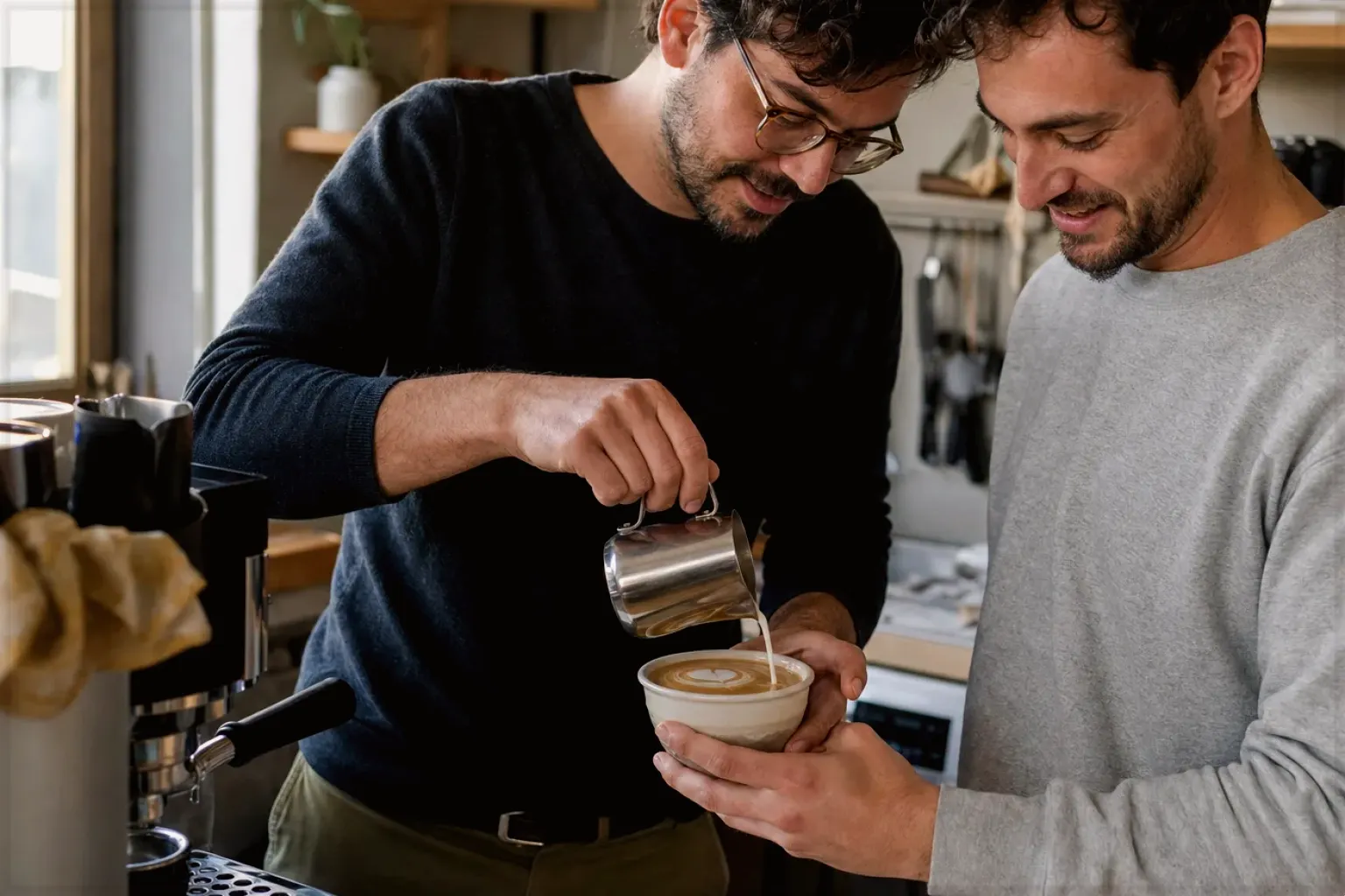 Zwei Freunde freuen sich in einer kleinen Küche über ihre gemeinsam gegossene Latte Art – gezeigt für Siemens EQ6 plus s700 TE657503DE im Produktprofil.