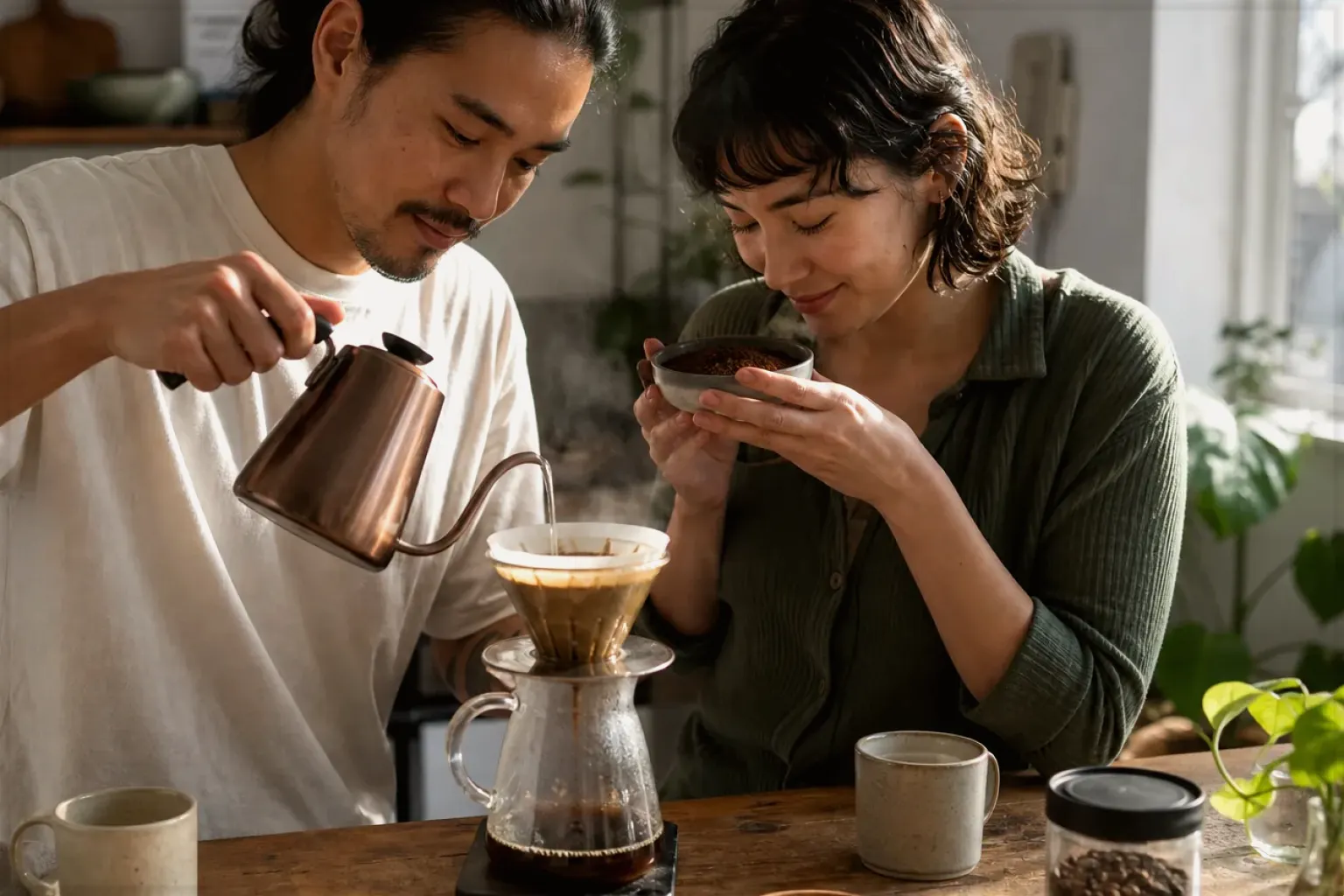 Zwei Menschen bereiten am Wochenende gemeinsam Filterkaffee mit einem Handfilter zu – gezeigt für Siemens EQ6 plus s700 TE657503DE im Produktprofil.