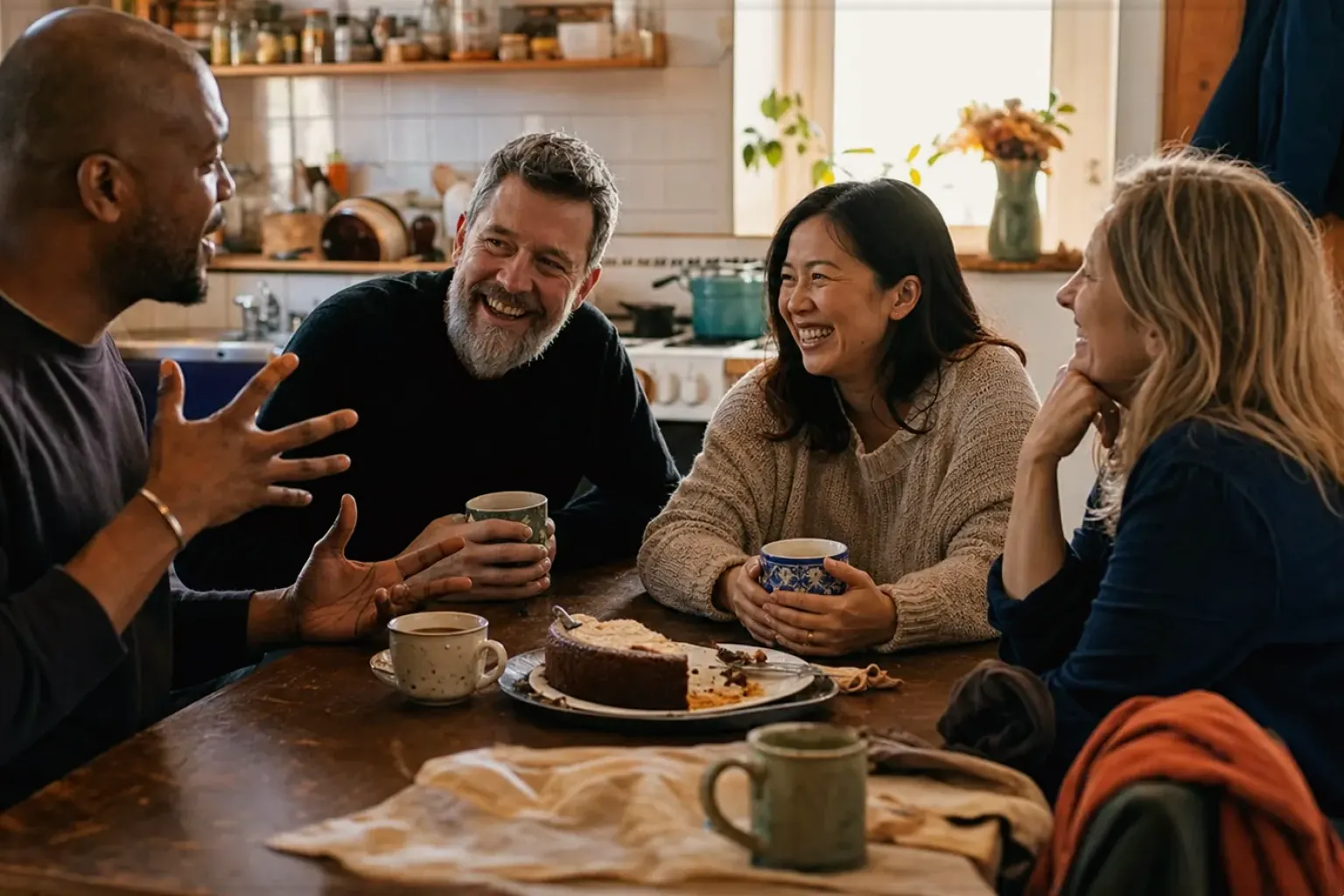 Vier erwachsene Freunde lachen gemeinsam bei Kaffee und selbst gebackenem Kuchen – gezeigt für Siemens EQ6 plus s700 TE657503DE im Produktprofil.
