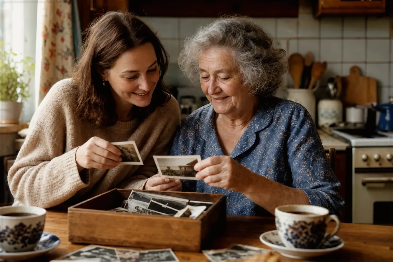 Eine ältere Frau und ihre erwachsene Enkelin betrachten bei Kaffee gemeinsam alte Familienfotos – gezeigt für Siemens EQ6 plus s700 TE657503DE im Produktprofil.