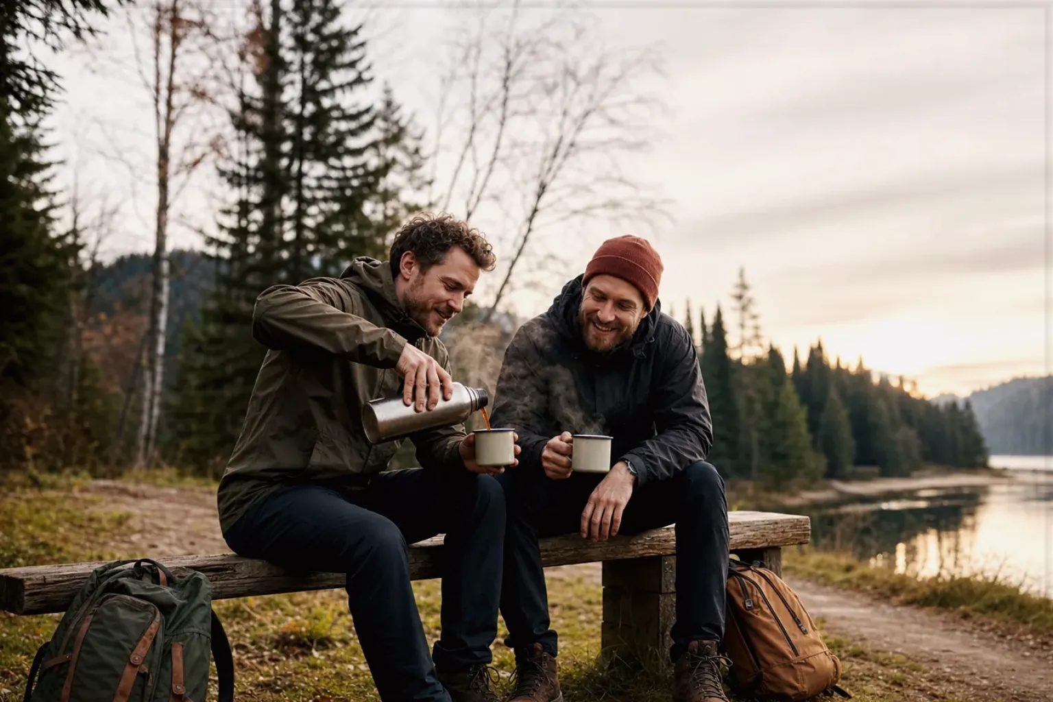 Zwei Freunde teilen auf einer Wanderung heißen Kaffee aus einer Thermoskanne am See – gezeigt für Siemens EQ6 plus s700 TE657503DE im Produktprofil.