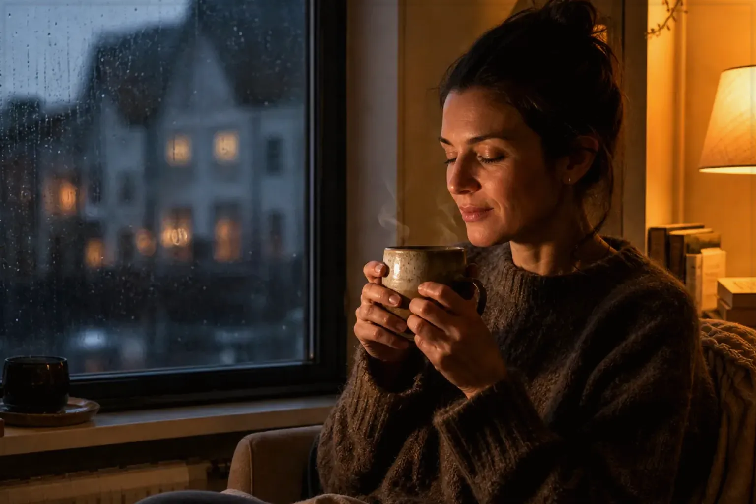 Eine Frau genießt an einem regnerischen Abend ruhig eine warme Tasse Kaffee am Fenster – gezeigt für Siemens EQ6 plus s700 TE657503DE im Produktprofil.