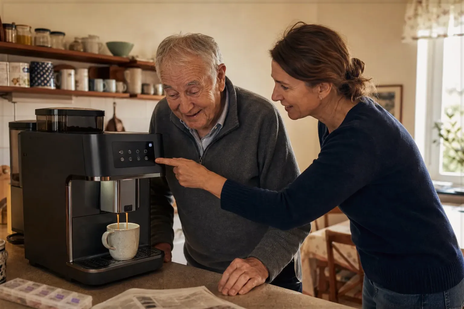 Eine erwachsene Tochter erklärt ihrem Vater verständlich die Bedienung eines Kaffeevollautomaten.