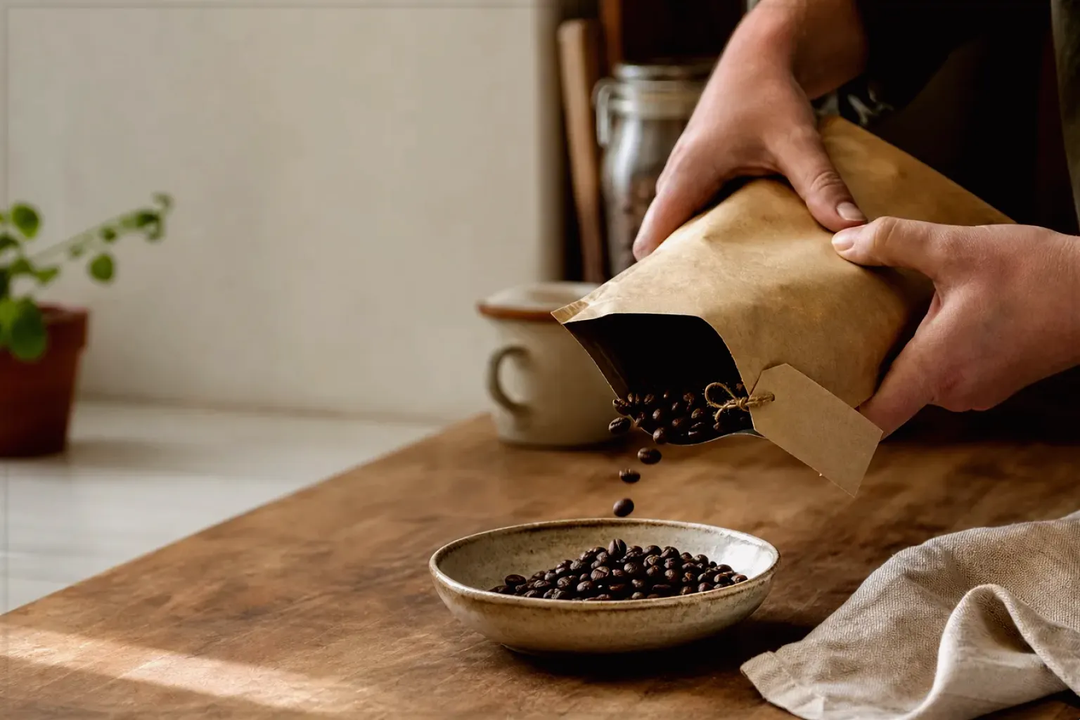 Ein Mann bereitet morgens Kaffee an einem Vollautomaten in seiner Küche zu – gezeigt für Suchergebnisse zu Kaffee im Orientierungsbereich.