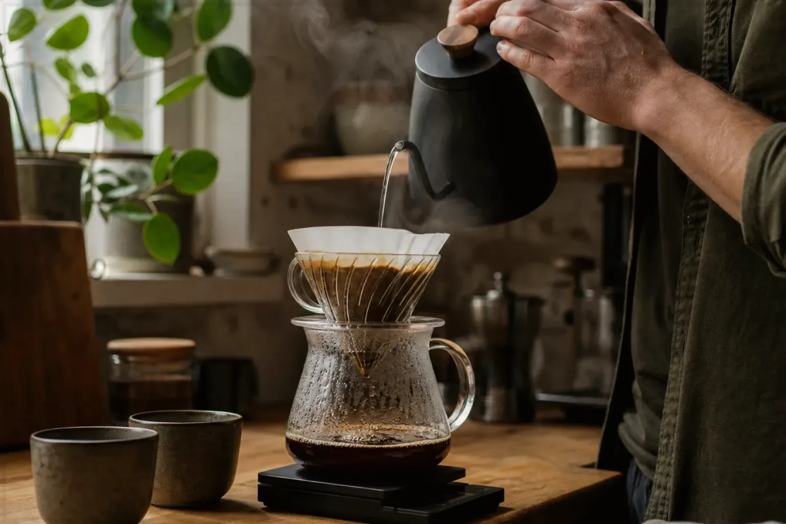 Zwei Hände stellen den Mahlgrad an einer Kaffeemühle neben einer Espressomaschine ein – gezeigt für Suchergebnisse zu Kaffee im Orientierungsbereich.