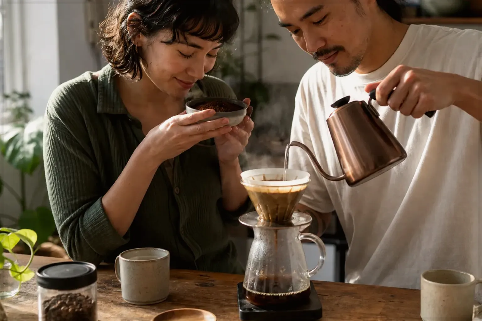 Ein Vater bereitet morgens Kaffee am Vollautomaten zu, während sein Kind am Küchentisch malt – gezeigt für Suchergebnisse zu Kaffee im Orientierungsbereich.