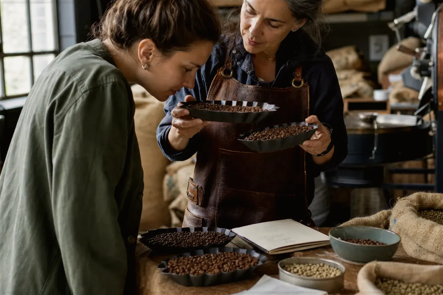 Eine erwachsene Tochter erklärt ihrem älteren Vater in seiner Küche einen Kaffeevollautomaten – gezeigt für Suchergebnisse zu Kaffee im Orientierungsbereich.