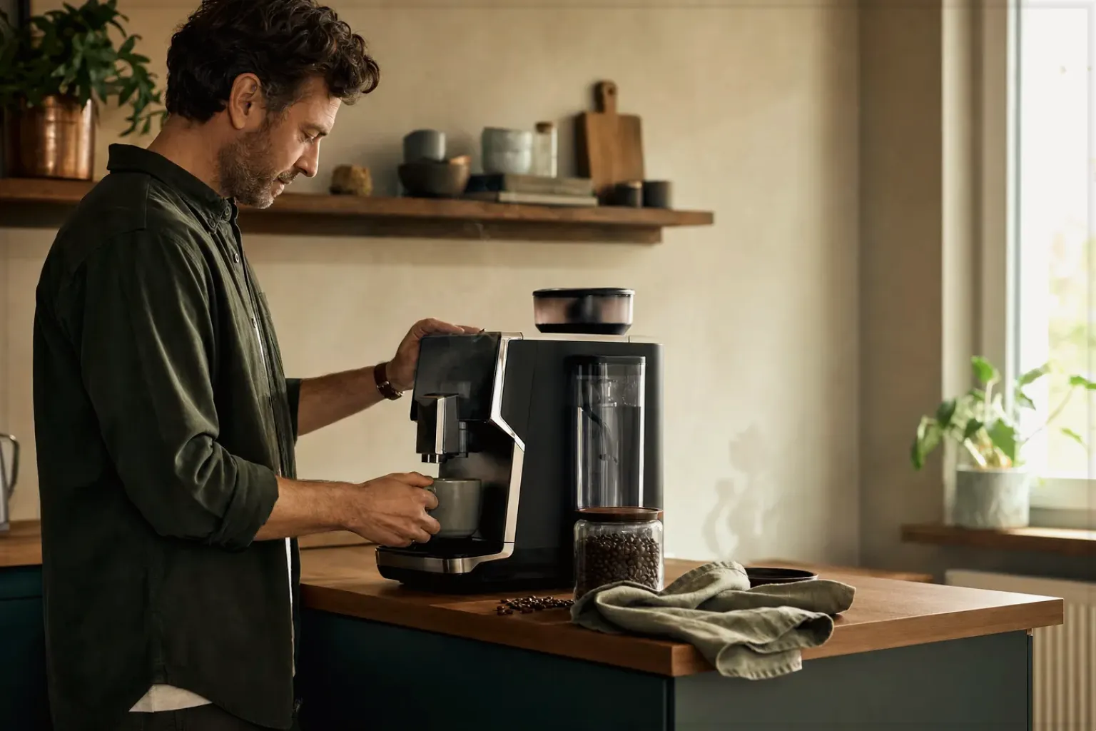 Hände füllen frisch geröstete Kaffeebohnen aus einer Papiertüte in eine Keramikschale – gezeigt für Suchergebnisse zu Kaffee im Orientierungsbereich.