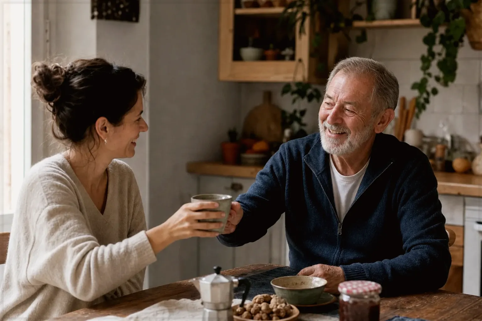 Zwei Freunde freuen sich in einer kleinen Küche über ihre gemeinsam gegossene Latte Art – gezeigt für Suchergebnisse zu Kaffee im Orientierungsbereich.
