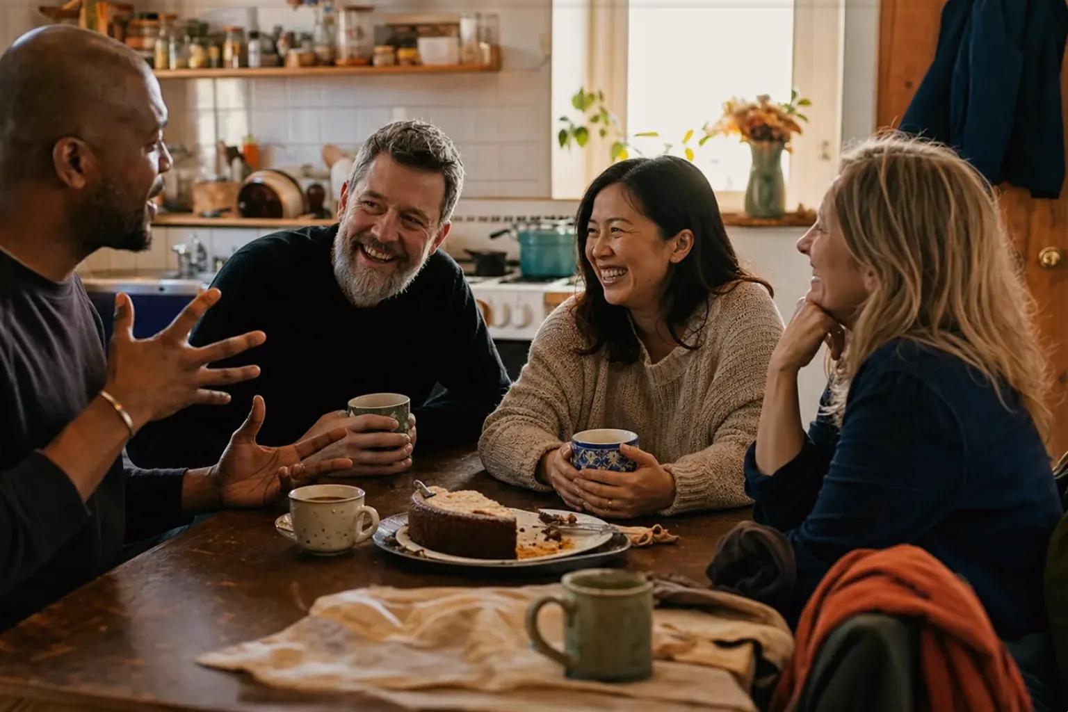 Vier erwachsene Freunde lachen gemeinsam bei Kaffee und selbst gebackenem Kuchen – gezeigt für Suchergebnisse zu Kaffee im Orientierungsbereich.