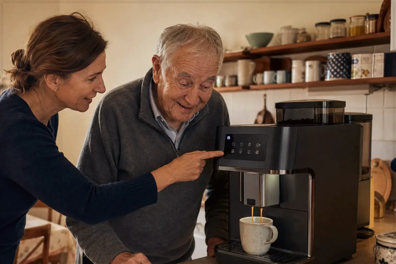 Eine erwachsene Tochter erklärt ihrem Vater verständlich die Bedienung eines Kaffeevollautomaten.