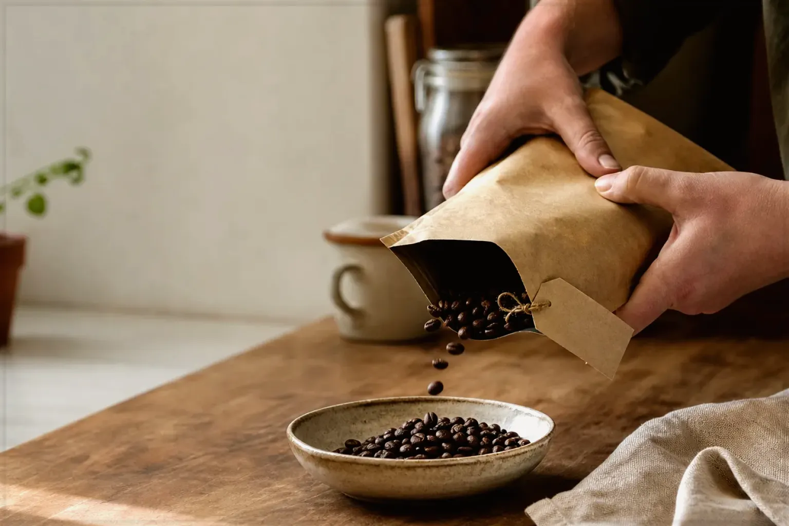 Hände füllen frisch geröstete Kaffeebohnen aus einer Papiertüte in eine Keramikschale – gezeigt für Kaffee-Finder im Kaufberatung.