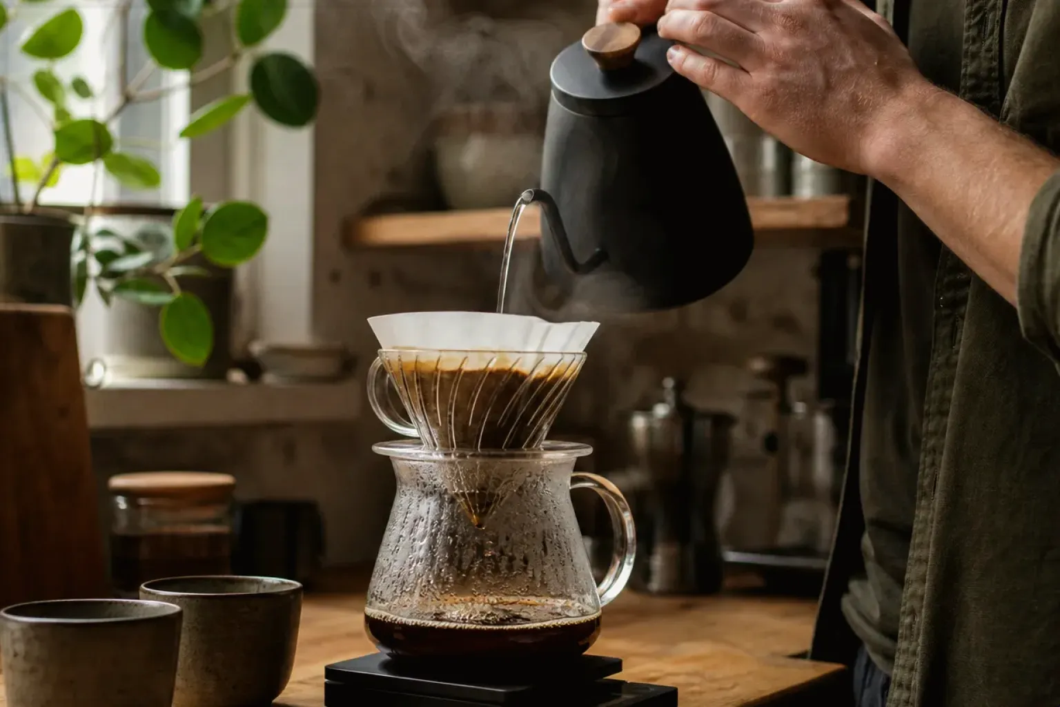 Filterkaffee wird mit einem Schwanenhalskessel von Hand in einer Küche aufgegossen – gezeigt für Kaffee-Finder im Kaufberatung.