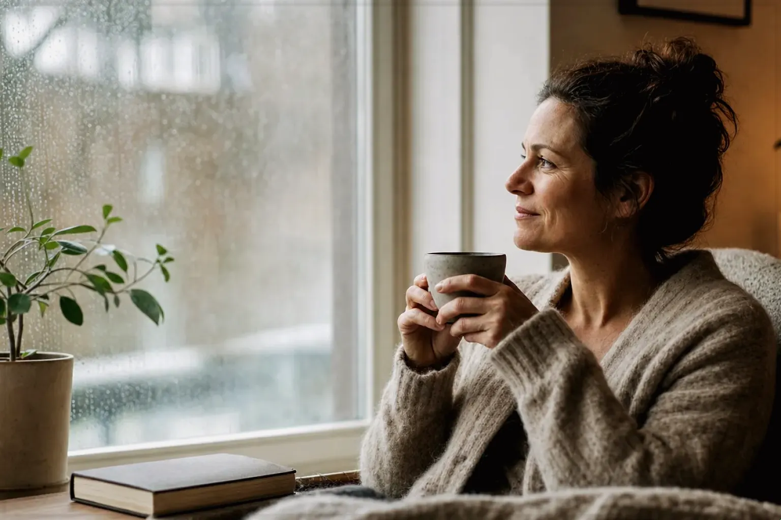Eine Frau genießt an einem regnerischen Nachmittag ruhig eine Tasse Kaffee am Fenster – gezeigt für Kaffee-Finder im Kaufberatung.