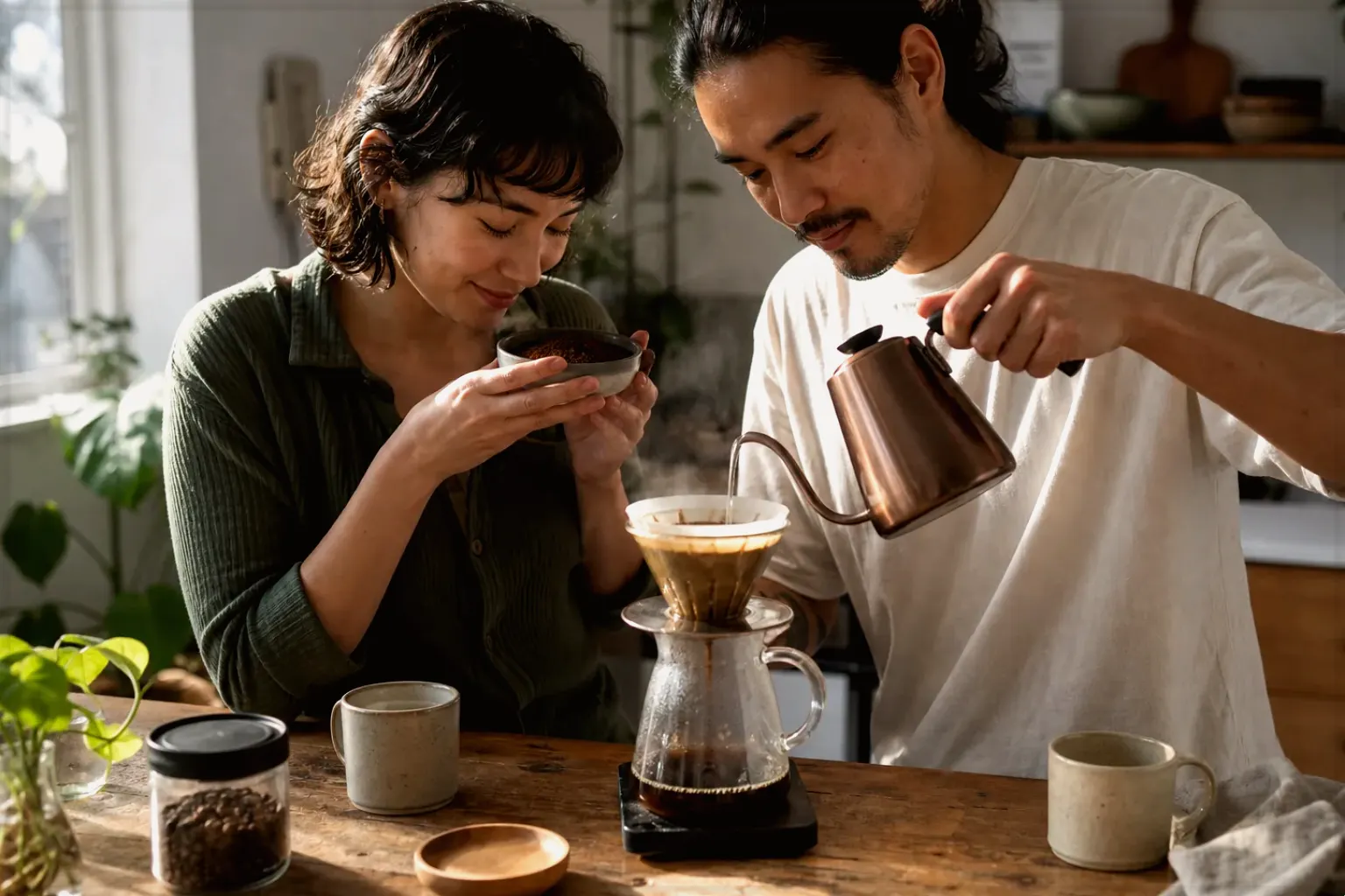 Zwei Menschen bereiten am Wochenende gemeinsam Filterkaffee mit einem Handfilter zu – gezeigt für Kaffee-Finder im Kaufberatung.