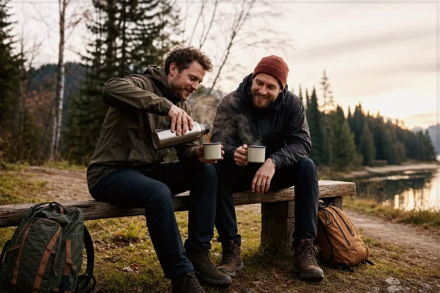 Zwei Freunde teilen auf einer Wanderung heißen Kaffee aus einer Thermoskanne am See – gezeigt für Kaffee-Finder im Kaufberatung.