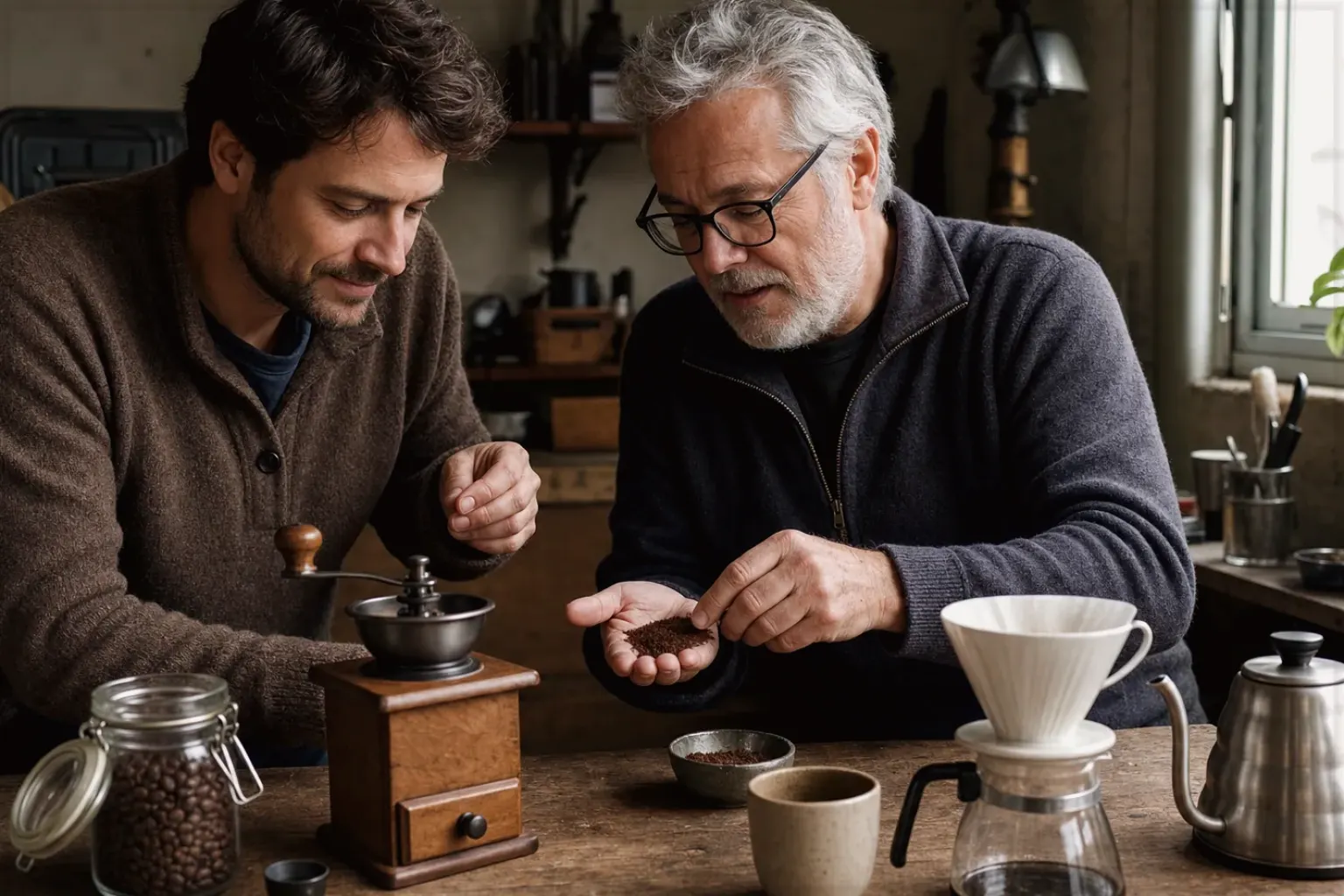 Ein älterer Kaffeeliebhaber zeigt einem jüngeren Erwachsenen gemahlenen Kaffee neben Handmühle und Filter – gezeigt für Kaffee-Finder im Kaufberatung.