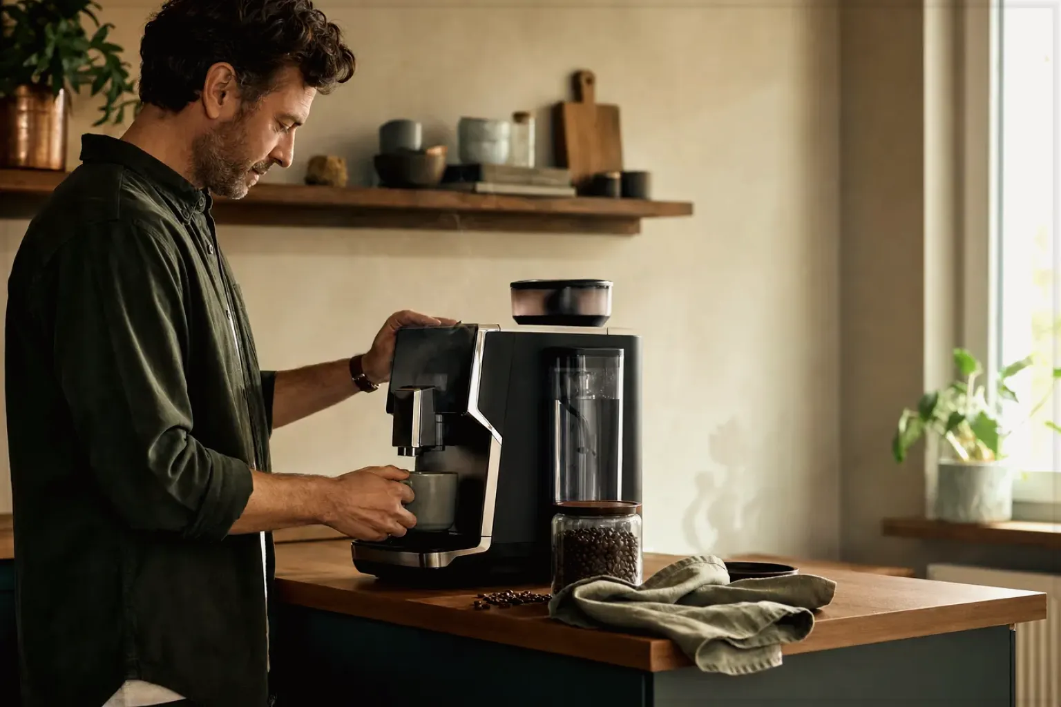 Ein Mann bereitet morgens Kaffee in seiner Küche zu – gezeigt für Kaffee-Finder im Kaufberatung.