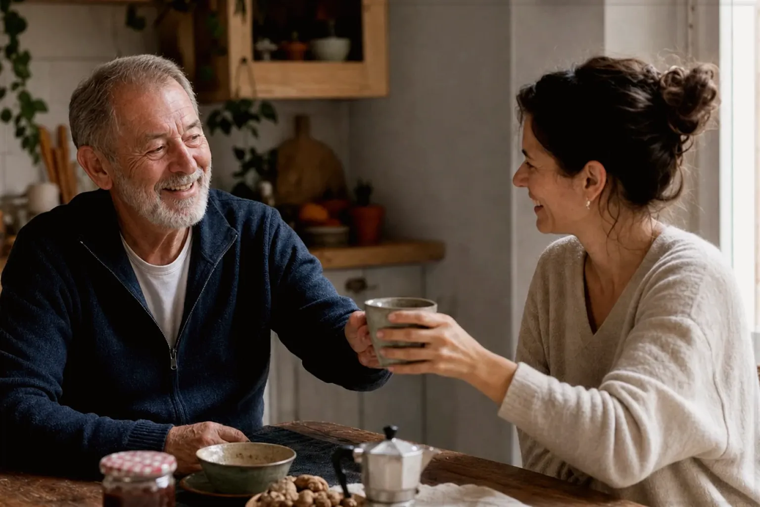 Eine erwachsene Tochter und ihr älterer Vater lachen gemeinsam beim Kaffee in ihrer Küche – gezeigt für Kaffee-Finder im Kaufberatung.