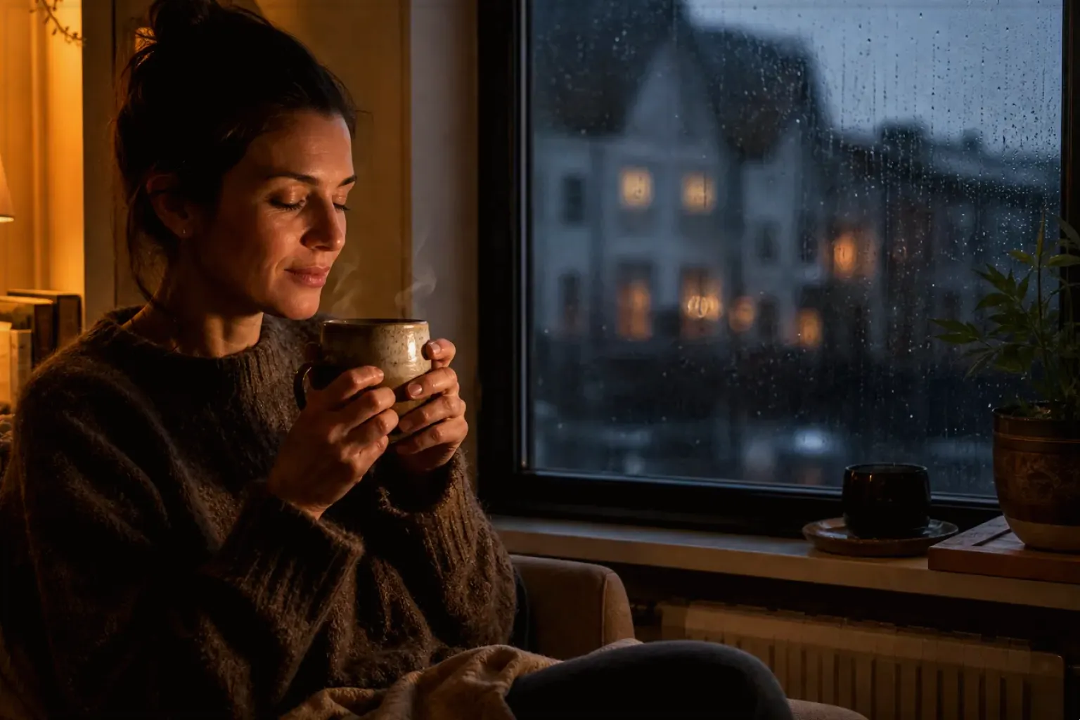Eine Frau genießt an einem regnerischen Abend ruhig eine warme Tasse Kaffee am Fenster – gezeigt für Kaffee-Finder im Kaufberatung.