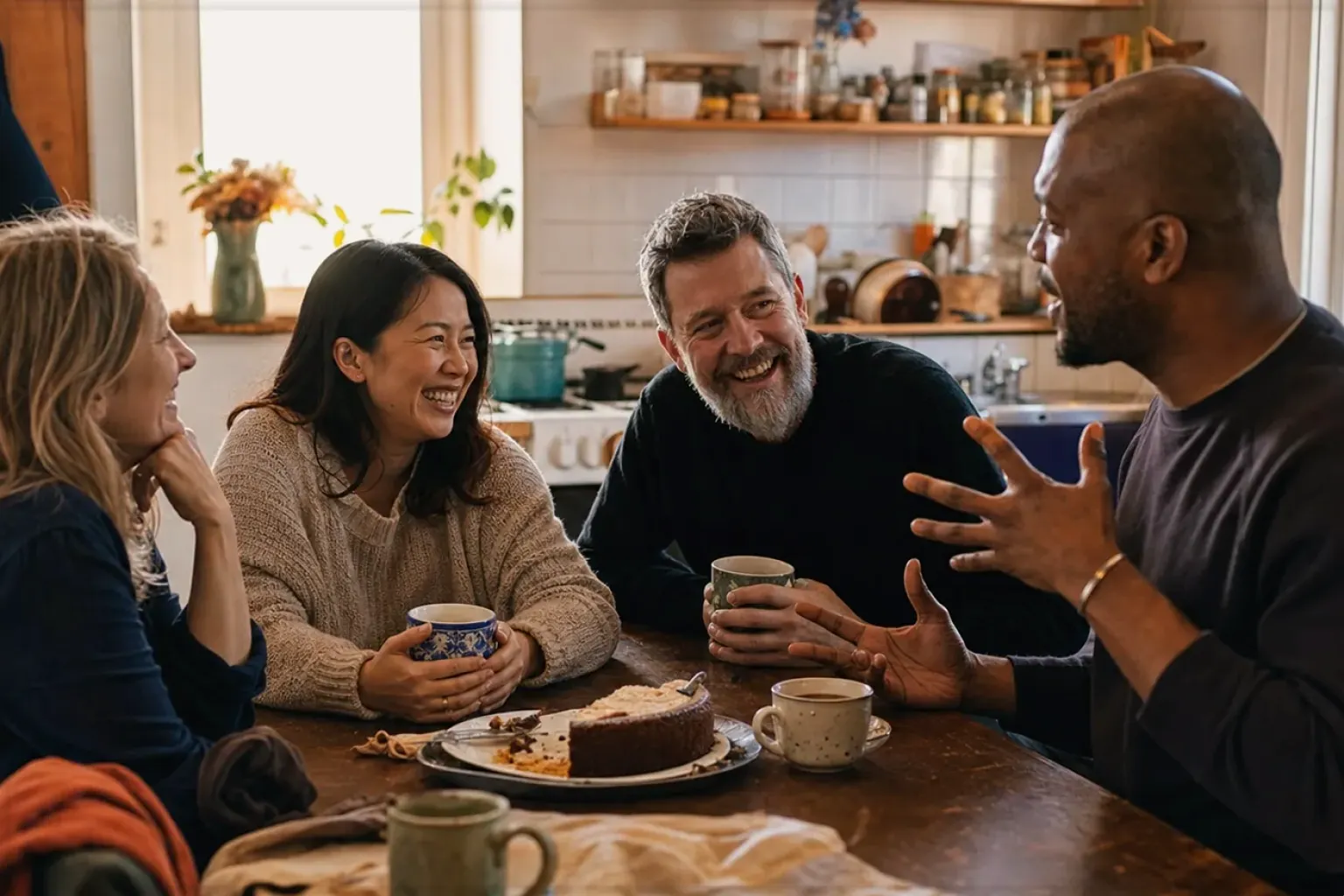 Vier erwachsene Freunde lachen gemeinsam bei Kaffee und selbst gebackenem Kuchen – gezeigt für Kaffee-Finder im Kaufberatung.