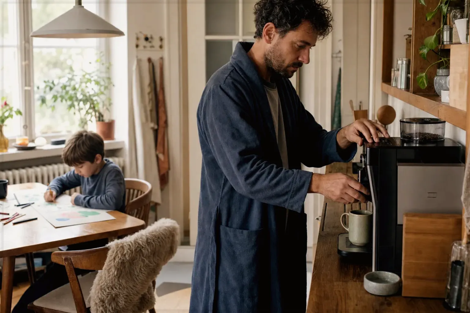 Ein Vater bereitet morgens Kaffee zu, während sein Kind am Küchentisch malt – gezeigt für Kaffee-Finder im Kaufberatung.