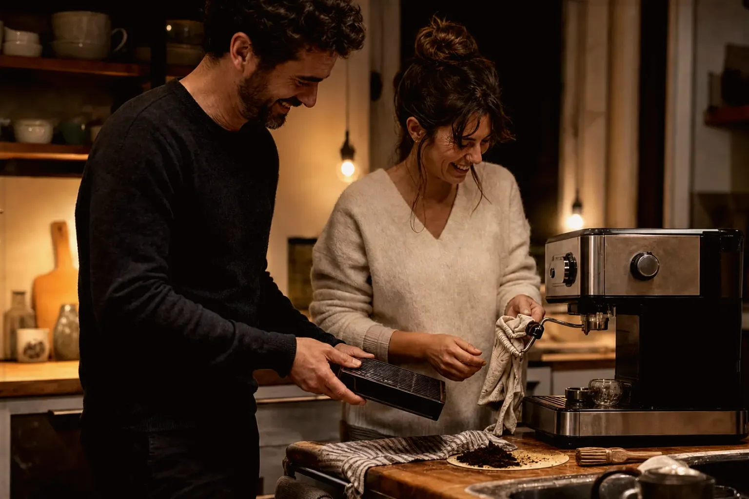 Ein Paar reinigt am Abend gemeinsam und gut gelaunt seine Espressomaschine in der Küche – gezeigt für Kaffee-Finder im Kaufberatung.