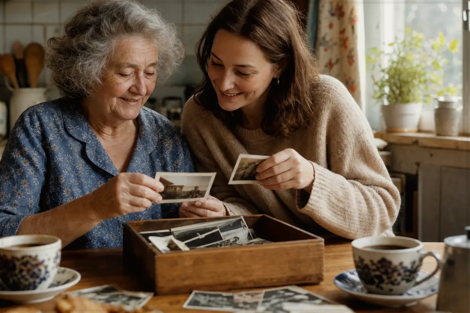 Eine ältere Frau und ihre erwachsene Enkelin betrachten bei Kaffee gemeinsam alte Familienfotos – gezeigt für Kaffee-Finder im Kaufberatung.
