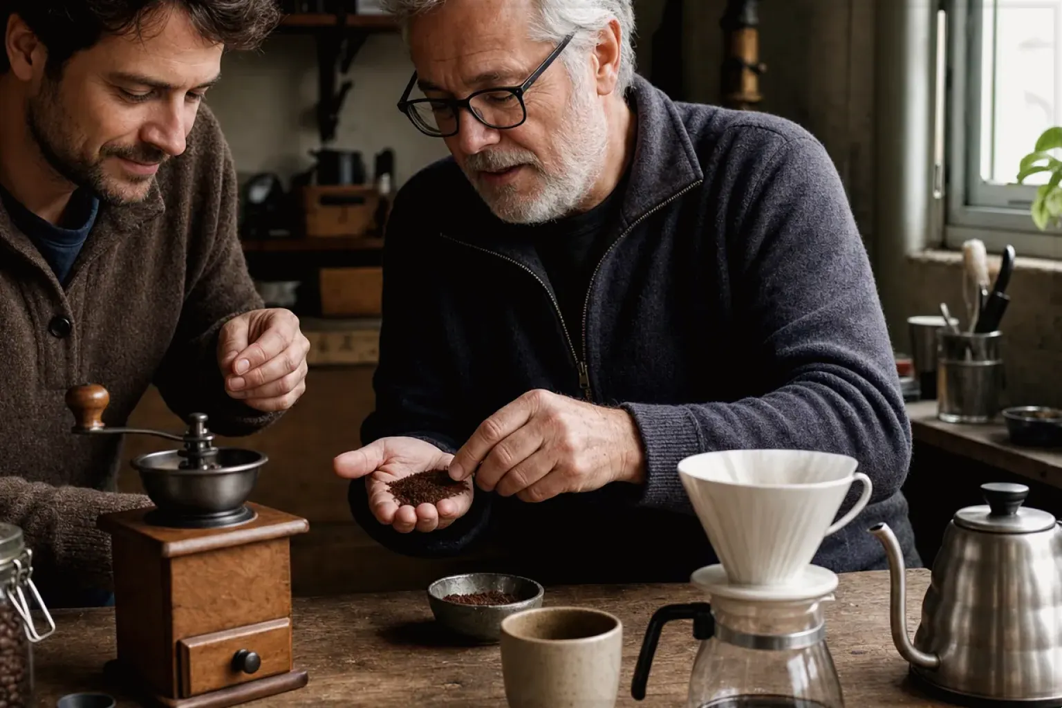 Ein erfahrener Kaffeeliebhaber erklärt einem jüngeren Erwachsenen Mahlgrad und Kaffeetextur.