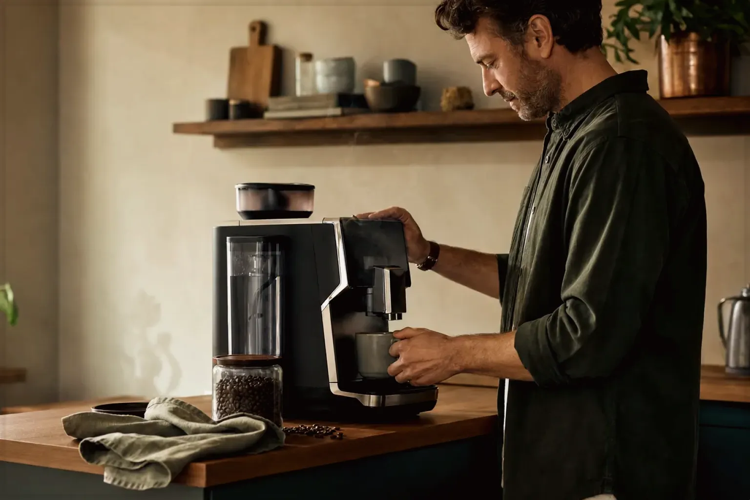 Ein Mann bereitet morgens Kaffee an einem Vollautomaten in seiner Küche zu – gezeigt für Kaffeemaschinen-Finder im Kaufberatung.