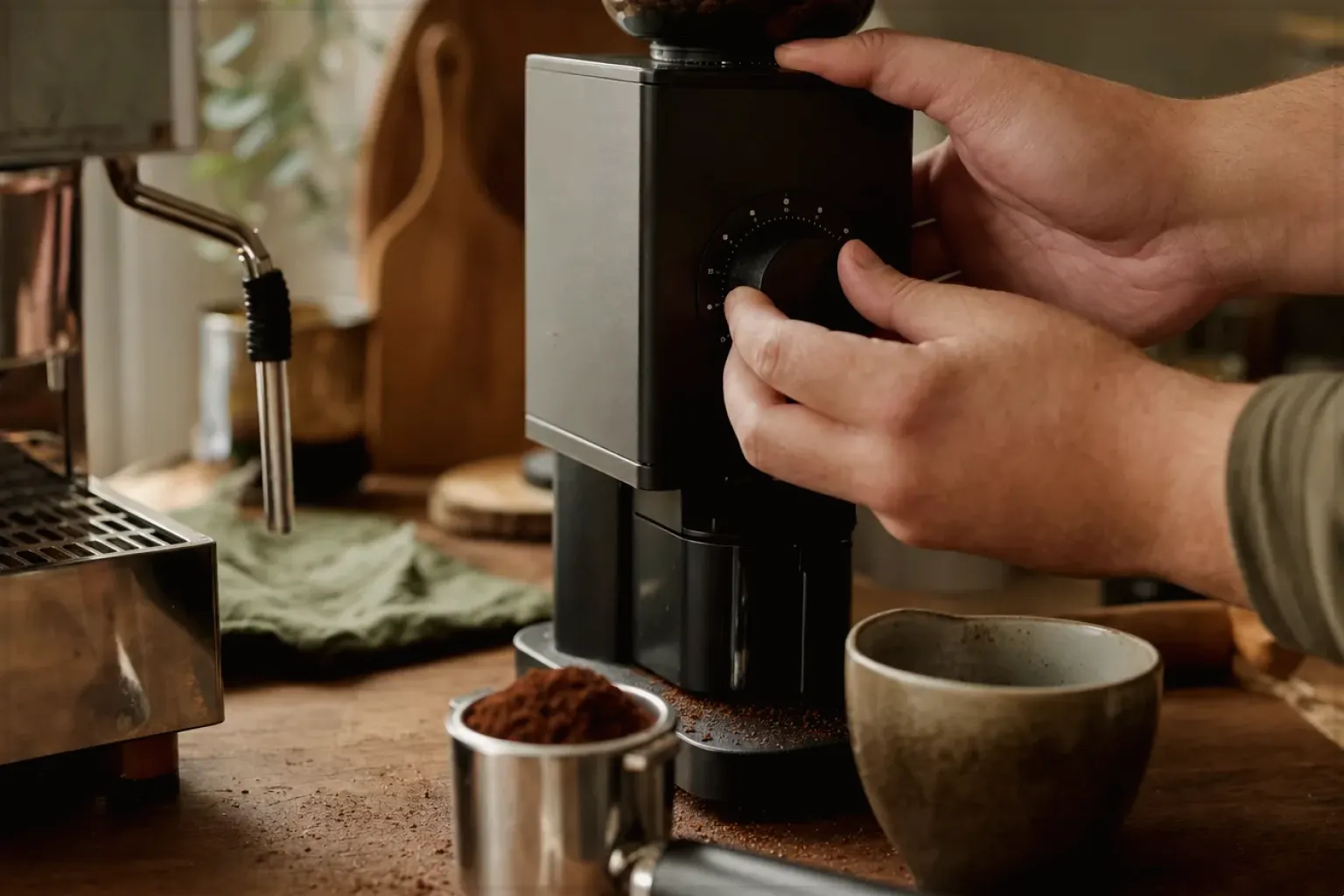 Zwei Hände stellen den Mahlgrad an einer Kaffeemühle neben einer Espressomaschine ein – gezeigt für Kaffeemaschinen-Finder im Kaufberatung.