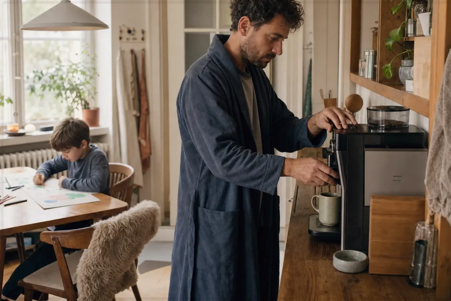 Ein Vater bereitet morgens Kaffee am Vollautomaten zu, während sein Kind am Küchentisch malt – gezeigt für Kaffeemaschinen-Finder im Kaufberatung.
