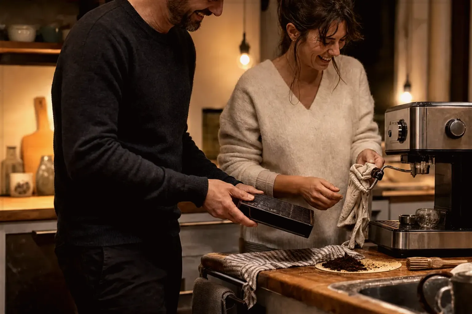 Ein Paar reinigt am Abend gemeinsam und gut gelaunt seine Espressomaschine in der Küche – gezeigt für Kaffeemaschinen-Finder im Kaufberatung.