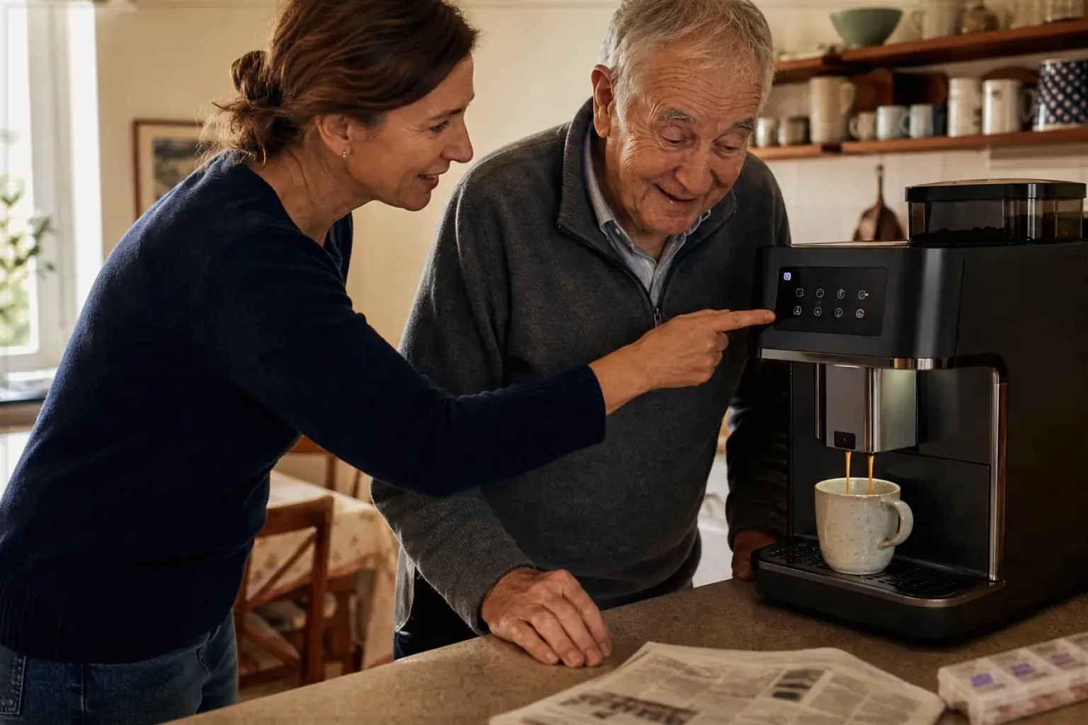Eine erwachsene Tochter erklärt ihrem älteren Vater in seiner Küche einen Kaffeevollautomaten – gezeigt für Kaffeemaschinen-Finder im Kaufberatung.