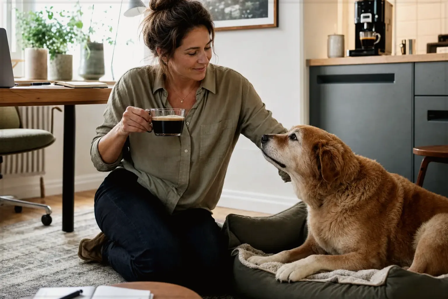 Eine Frau genießt im Homeoffice eine Kaffeepause bei ihrem älteren Hund – gezeigt für Kaffeemaschinen-Finder im Kaufberatung.