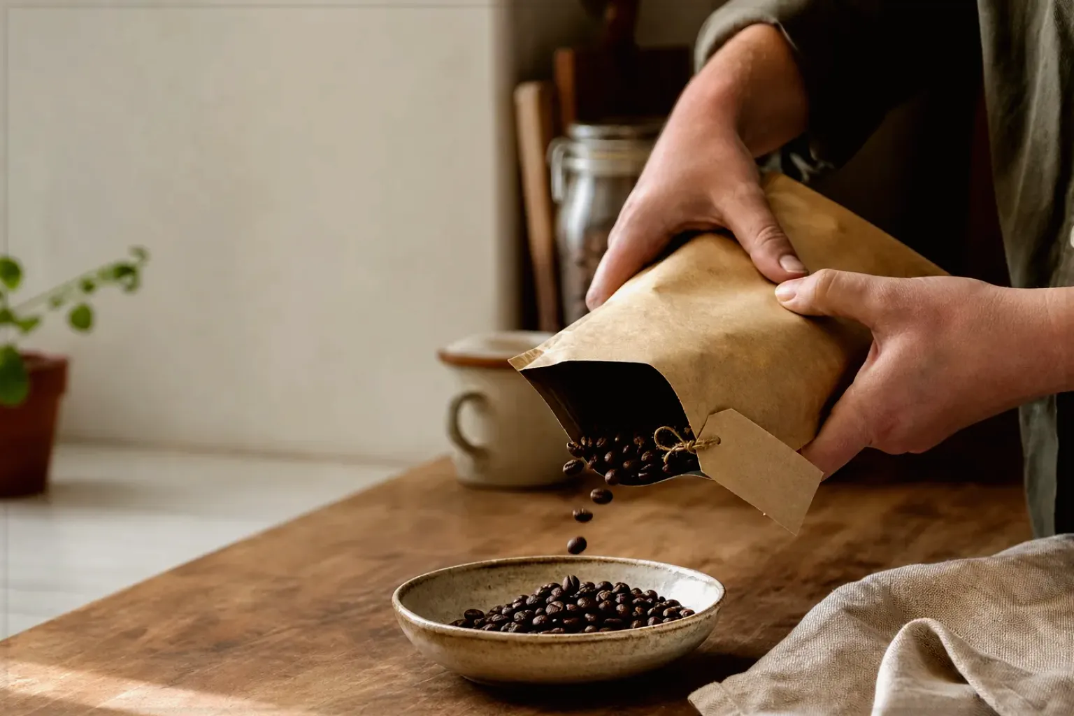 Hände füllen frisch geröstete Kaffeebohnen aus einer Papiertüte in eine Keramikschale – gezeigt für Kaffeemaschinen-Finder im Kaufberatung.