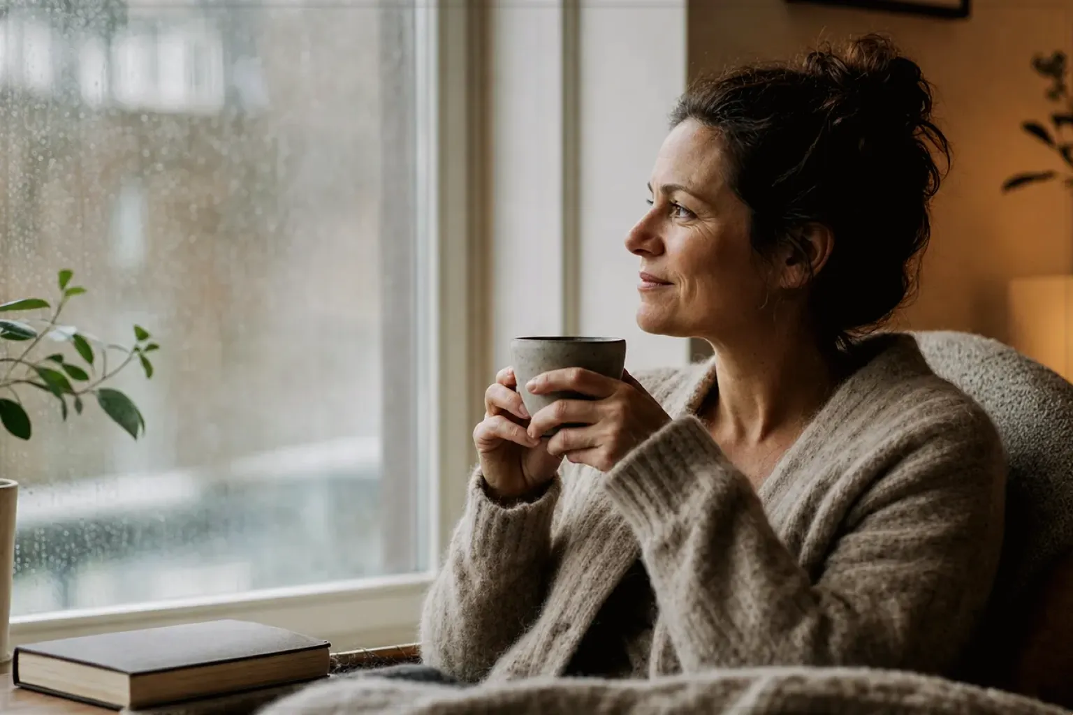 Eine Frau genießt an einem regnerischen Nachmittag ruhig eine Tasse Kaffee am Fenster – gezeigt für Kaffeemaschinen-Finder im Kaufberatung.