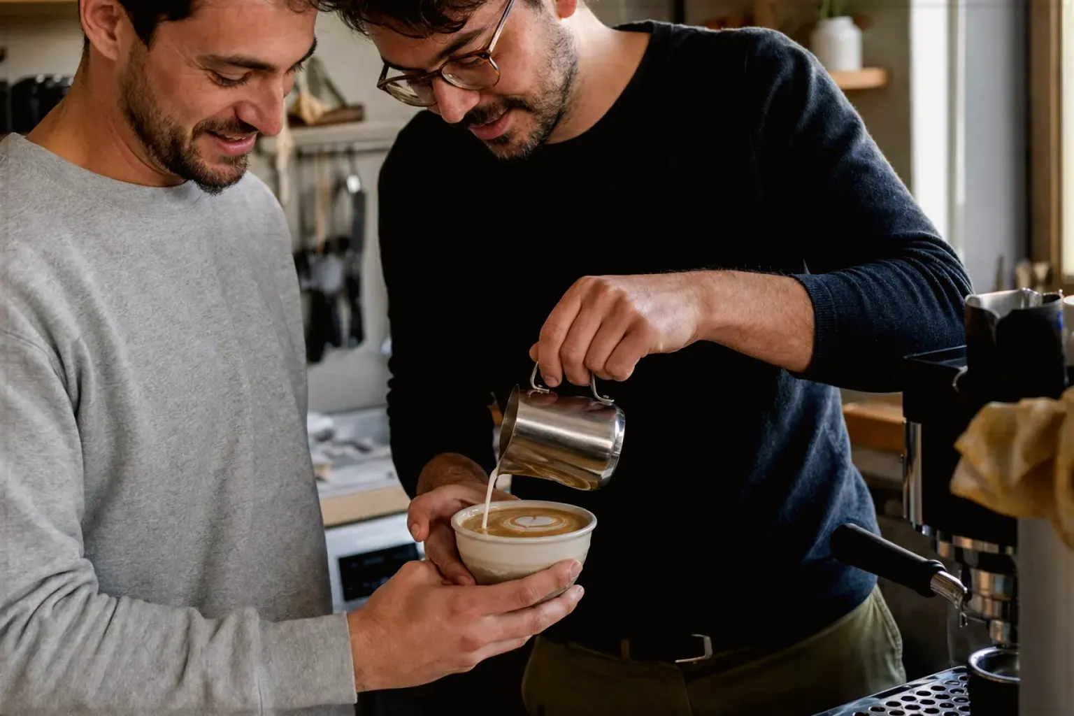 Zwei Freunde freuen sich in einer kleinen Küche über ihre gemeinsam gegossene Latte Art – gezeigt für Kaffeemaschinen-Finder im Kaufberatung.